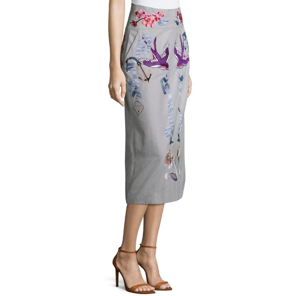 Temperley London Gray Midi Skirt with Vibrant Embroidery